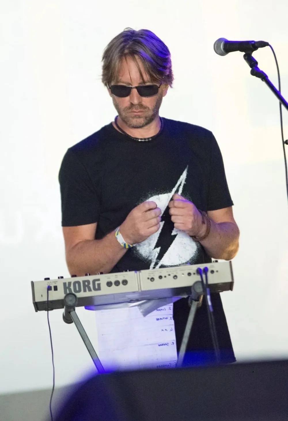 Alex Vigay performing on stage behind a Korg keyboard, wearing sunglasses beside a microphone
